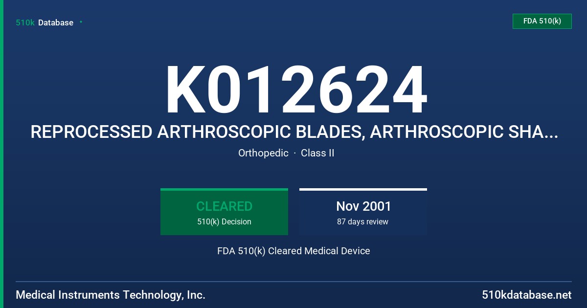 K012624 REPROCESSED ARTHROSCOPIC BLADES, ARTHROSCOPIC SHAVERS, SHAVER BLADE, BLADE, LIMITED REUSE BLADE, ARTHROSCOPIC BURS FDA 510(k) Cleared Medical Device