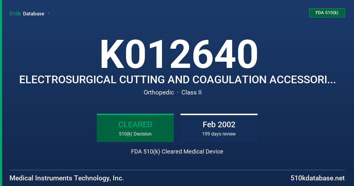 K012640 ELECTROSURGICAL CUTTING AND COAGULATION ACCESSORIES, ELECTROSURGICAL WANDS FDA 510(k) Cleared Medical Device