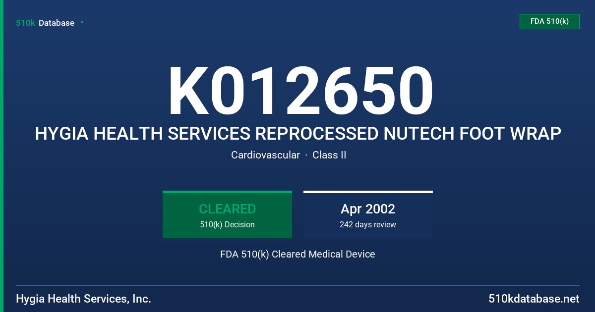 K012650 HYGIA HEALTH SERVICES REPROCESSED NUTECH FOOT WRAP FDA 510(k) Cleared Medical Device