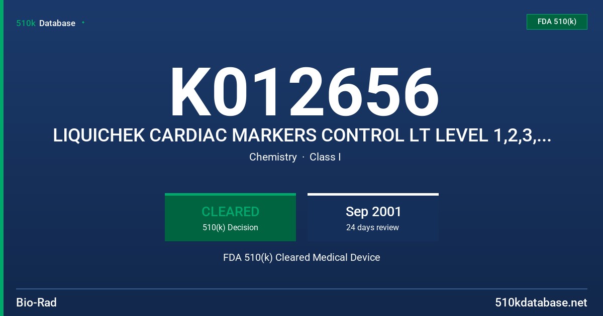 K012656 LIQUICHEK CARDIAC MARKERS CONTROL LT LEVEL 1,2,3, MODELS 646,647,648 FDA 510(k) Cleared Medical Device