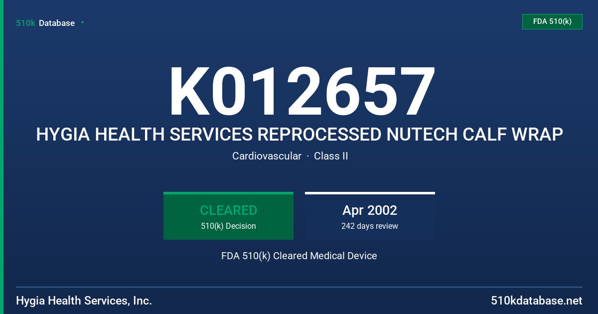 K012657 HYGIA HEALTH SERVICES REPROCESSED NUTECH CALF WRAP FDA 510(k) Cleared Medical Device