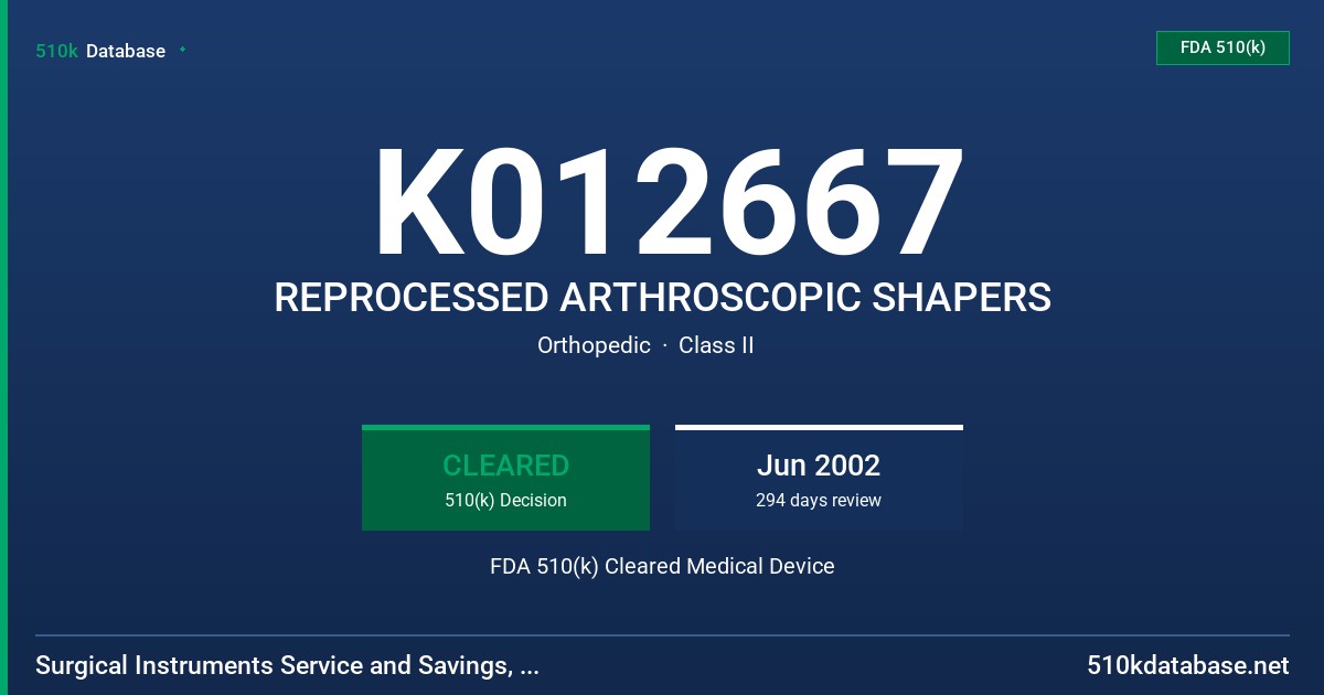 K012667 REPROCESSED ARTHROSCOPIC SHAPERS FDA 510(k) Cleared Medical Device