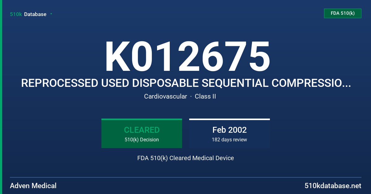 K012675 REPROCESSED USED DISPOSABLE SEQUENTIAL COMPRESSION SLEEVES/WRAPS FDA 510(k) Cleared Medical Device