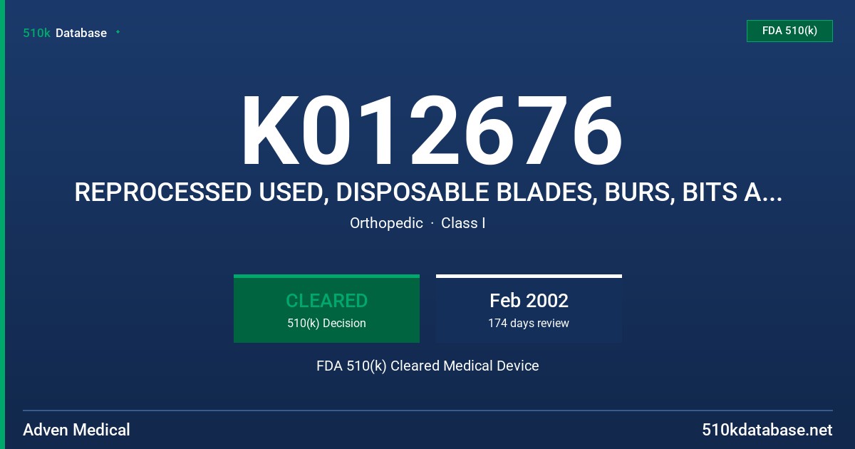 K012676 REPROCESSED USED, DISPOSABLE BLADES, BURS, BITS AND TAPS FDA 510(k) Cleared Medical Device