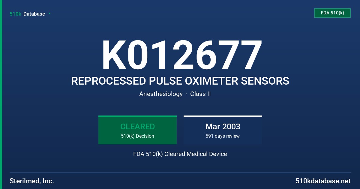 K012677 REPROCESSED PULSE OXIMETER SENSORS FDA 510(k) Cleared Medical Device
