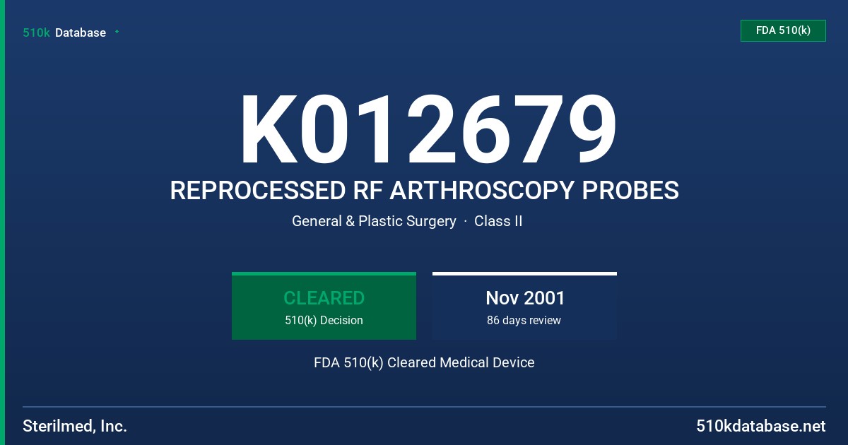 K012679 REPROCESSED RF ARTHROSCOPY PROBES FDA 510(k) Cleared Medical Device