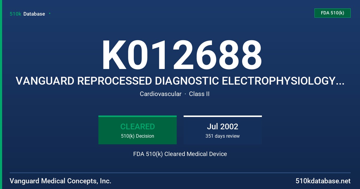 K012688 VANGUARD REPROCESSED DIAGNOSTIC ELECTROPHYSIOLOGY CATHETERS FDA 510(k) Cleared Medical Device