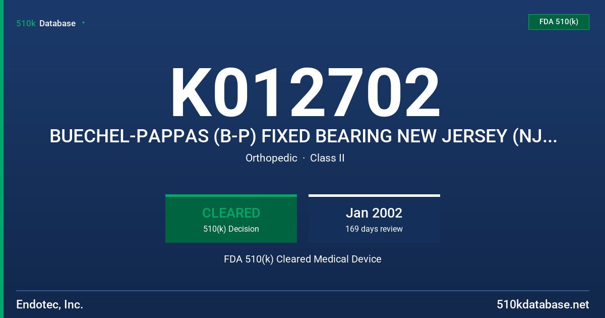 K012702 BUECHEL-PAPPAS (B-P) FIXED BEARING NEW JERSEY (NJ) TOTAL KNEE, MODEL 1 FDA 510(k) Cleared Medical Device