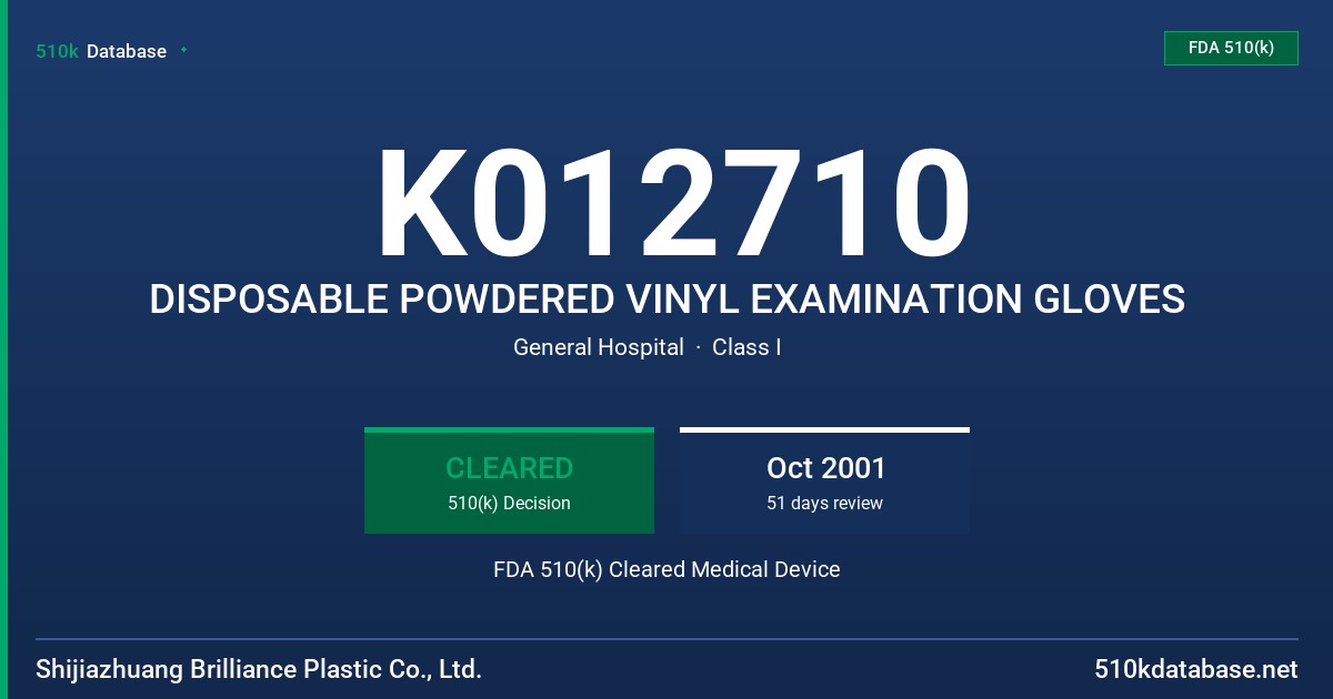 K012710 DISPOSABLE POWDERED VINYL EXAMINATION GLOVES FDA 510(k) Cleared Medical Device