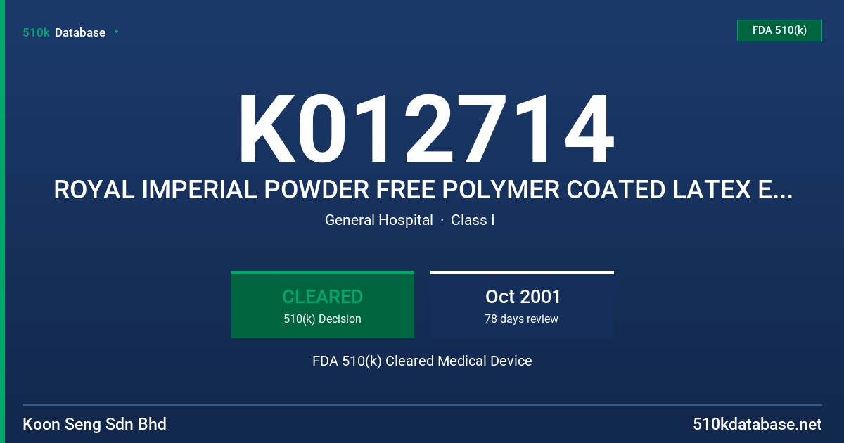 K012714 ROYAL IMPERIAL POWDER FREE POLYMER COATED LATEX EXAMINATION GLOVE WITH PROTEIN CONTENT LABELING CLAIM (50 MICROGRAMS OR FDA 510(k) Cleared Medical Device