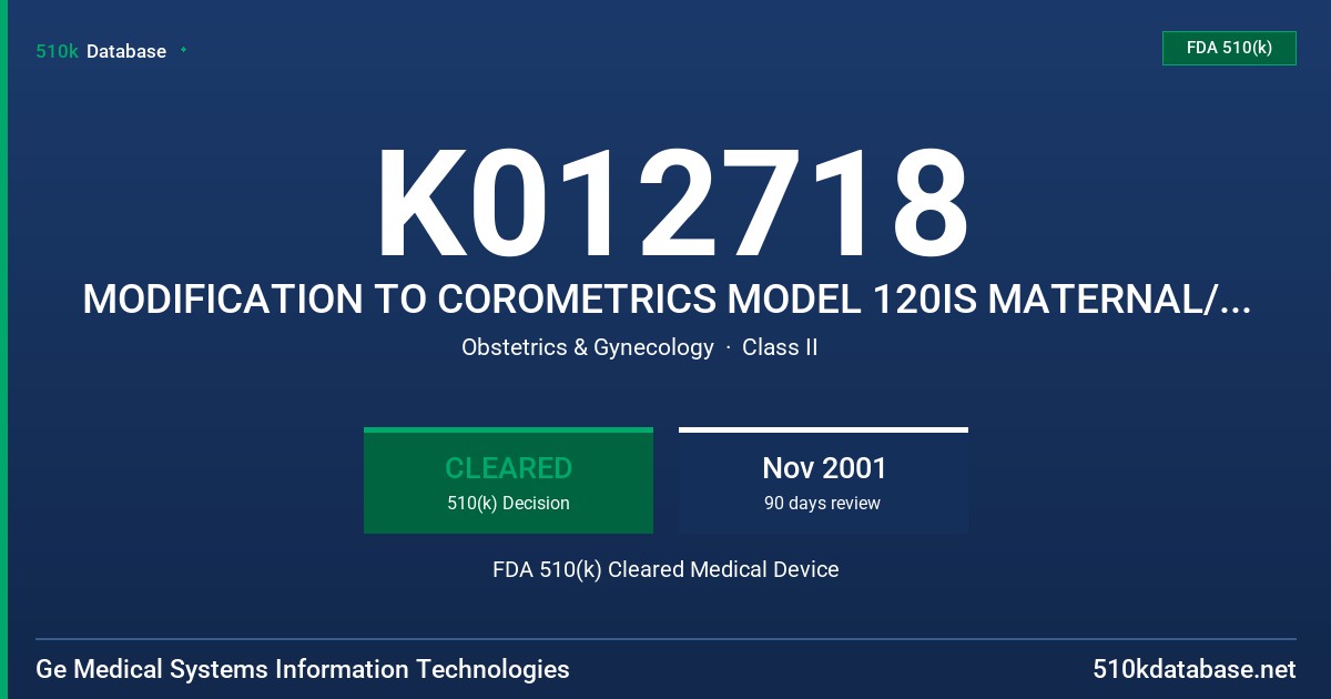 K012718 MODIFICATION TO COROMETRICS MODEL 120IS MATERNAL/FETAL MONITORING SYSTEM. FDA 510(k) Cleared Medical Device