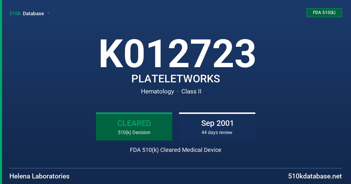 K012723 PLATELETWORKS FDA 510(k) Cleared Medical Device