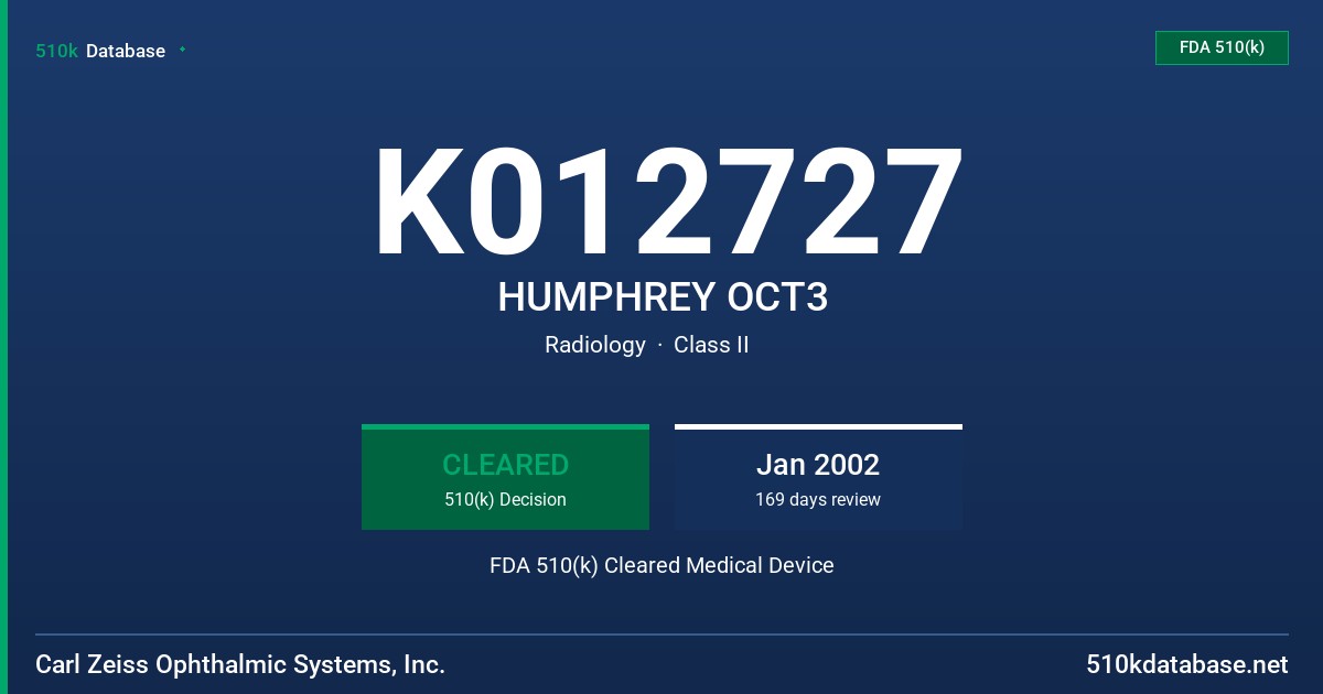 K012727 HUMPHREY OCT3 FDA 510(k) Cleared Medical Device