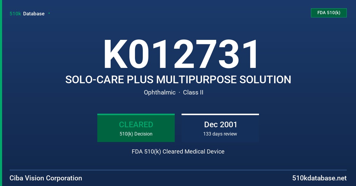 K012731 SOLO-CARE PLUS MULTIPURPOSE SOLUTION FDA 510(k) Cleared Medical Device