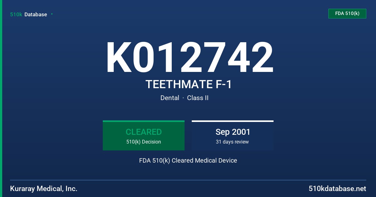 K012742 TEETHMATE F-1 FDA 510(k) Cleared Medical Device