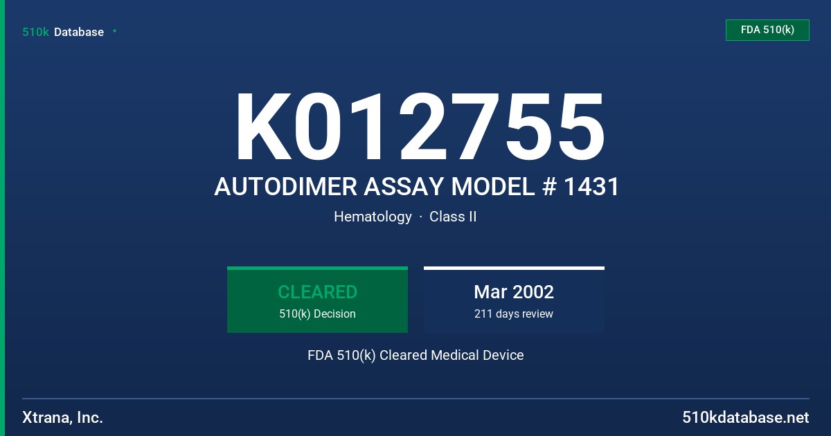 K012755 AUTODIMER ASSAY MODEL # 1431 FDA 510(k) Cleared Medical Device