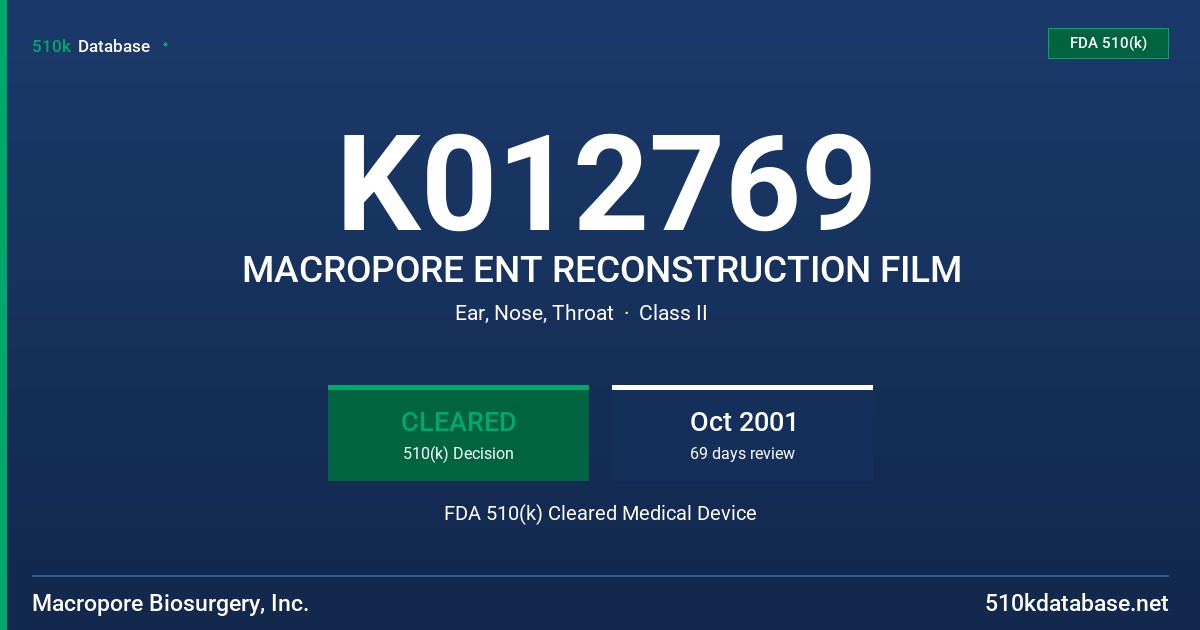 K012769 MACROPORE ENT RECONSTRUCTION FILM FDA 510(k) Cleared Medical Device