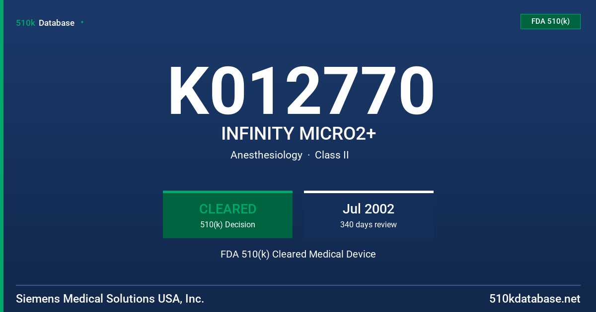 K012770 INFINITY MICRO2+ FDA 510(k) Cleared Medical Device