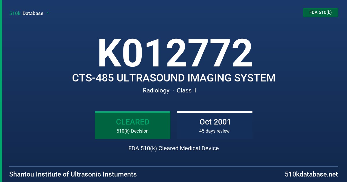 K012772 CTS-485 ULTRASOUND IMAGING SYSTEM FDA 510(k) Cleared Medical Device
