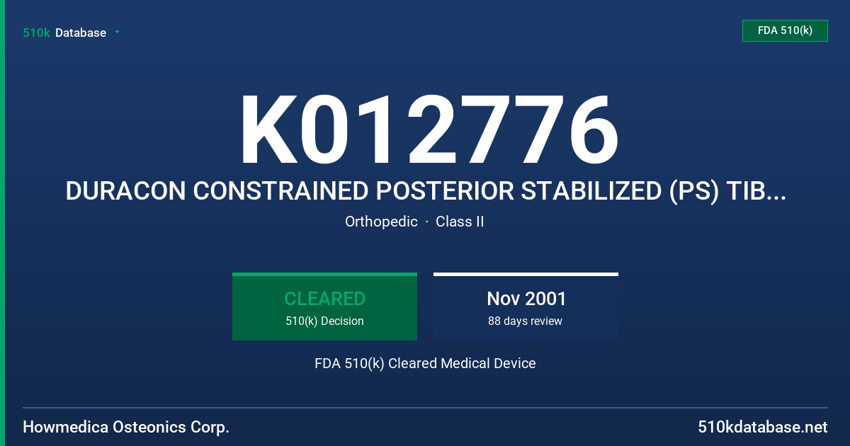 K012776 DURACON CONSTRAINED POSTERIOR STABILIZED (PS) TIBIAL INSERT FDA 510(k) Cleared Medical Device