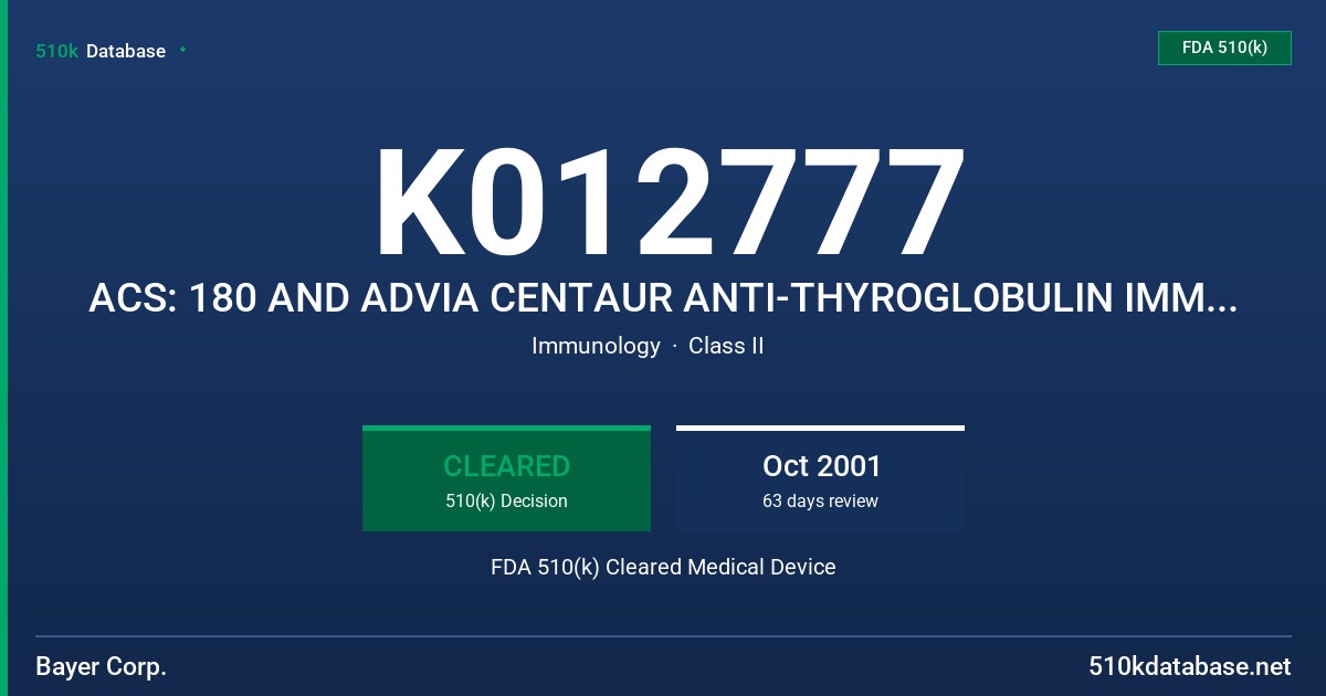 K012777 ACS: 180 AND ADVIA CENTAUR ANTI-THYROGLOBULIN IMMUNOASSAYS FDA 510(k) Cleared Medical Device