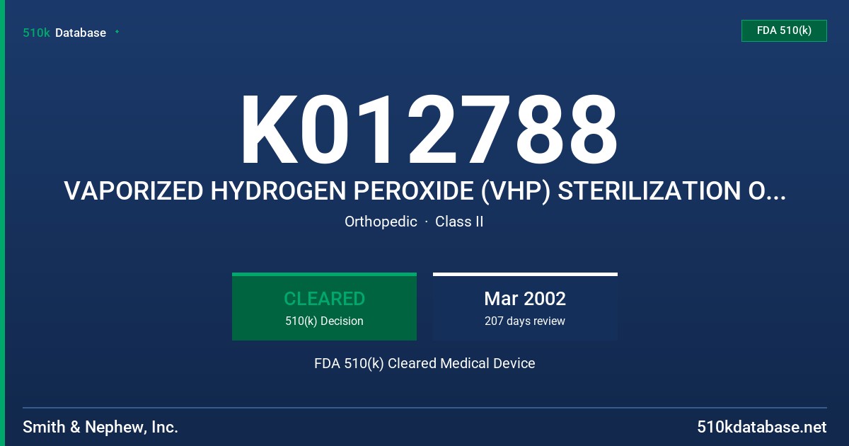 K012788 VAPORIZED HYDROGEN PEROXIDE (VHP) STERILIZATION OF UNMWPE COMPONENTS IN THE COFIELD TOTAL SHOULDER SYSTEM, THE NEER II FDA 510(k) Cleared Medical Device