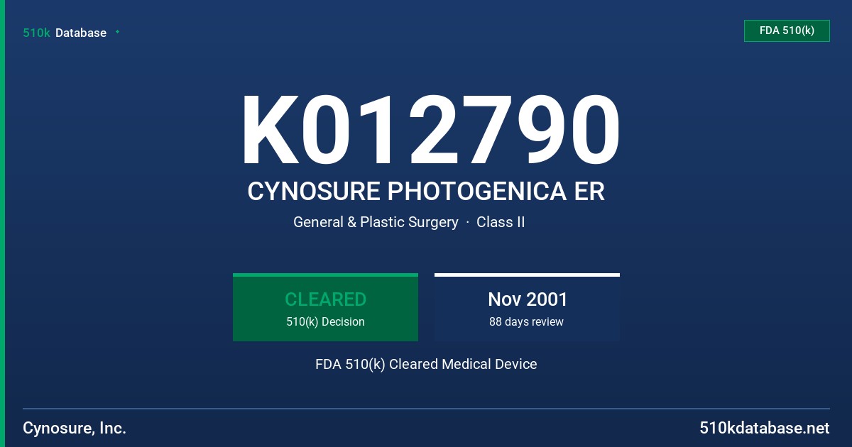 K012790 CYNOSURE PHOTOGENICA ER FDA 510(k) Cleared Medical Device