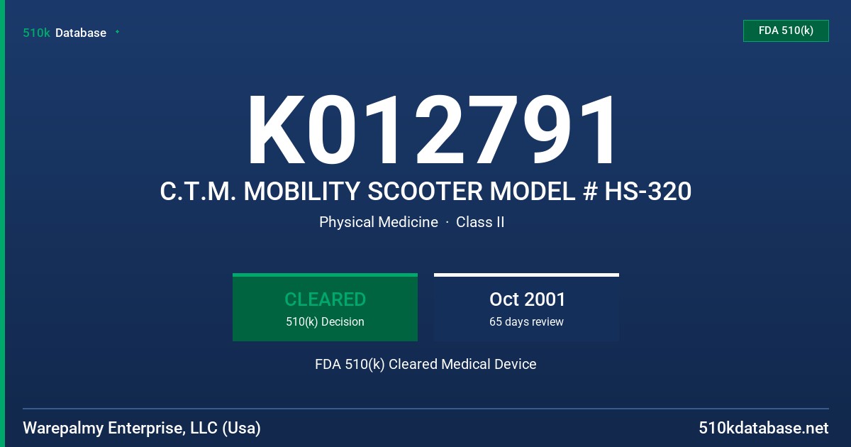K012791 C.T.M. MOBILITY SCOOTER MODEL # HS-320 FDA 510(k) Cleared Medical Device