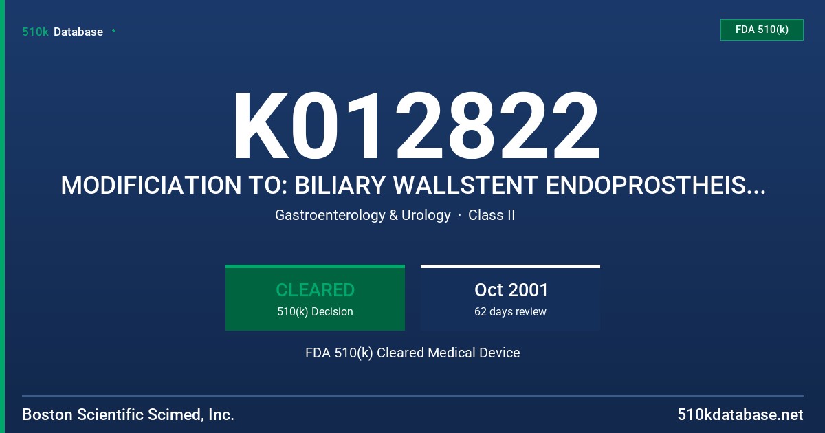 K012822 MODIFICIATION TO: BILIARY WALLSTENT ENDOPROSTHEIS WITH MONORAIL DELIVERY SYSTEM, MODEL 71-XXX FDA 510(k) Cleared Medical Device