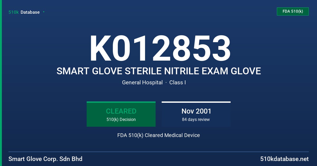 K012853 SMART GLOVE STERILE NITRILE EXAM GLOVE FDA 510(k) Cleared Medical Device
