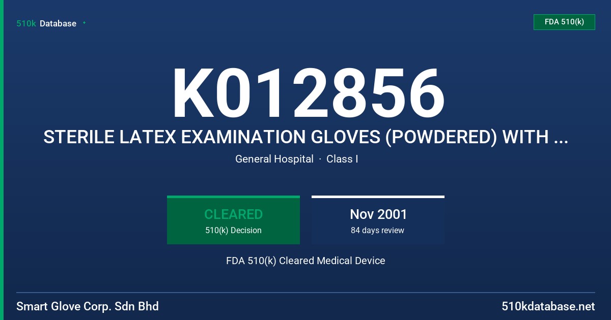 K012856 STERILE LATEX EXAMINATION GLOVES (POWDERED) WITH PROTEIN CLAIM LESS THAN 100UG/G FDA 510(k) Cleared Medical Device