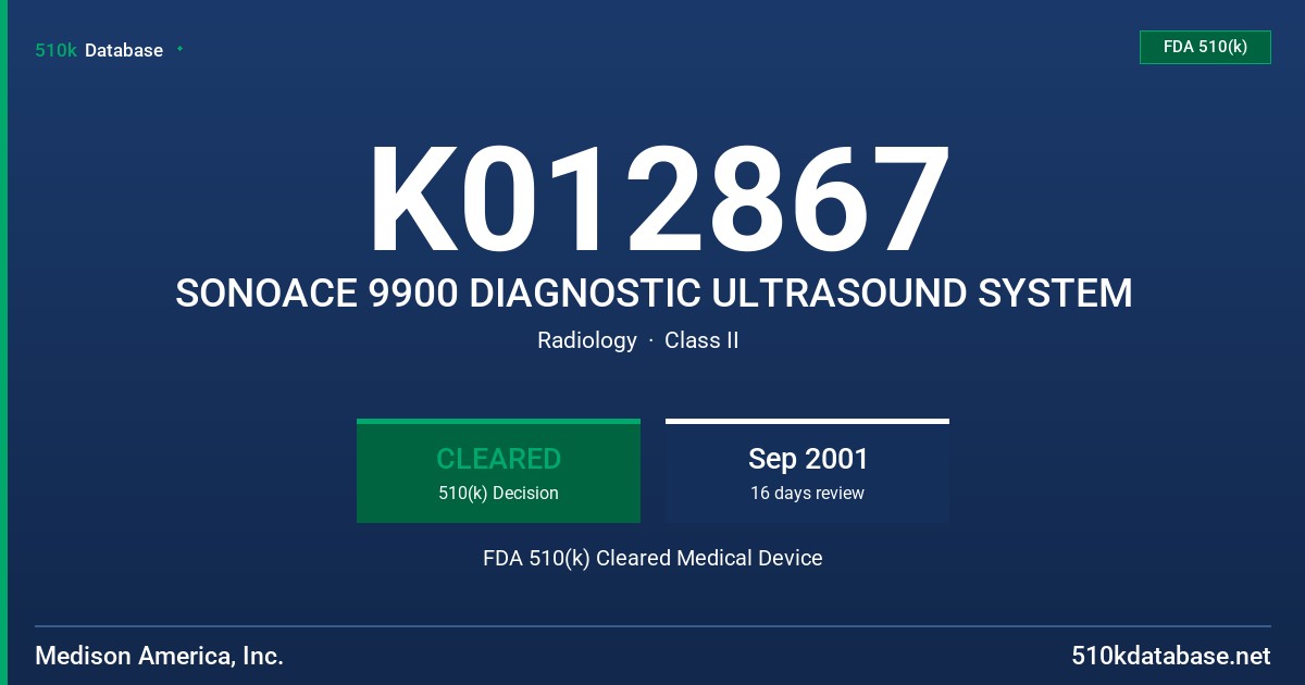 K012867 SONOACE 9900 DIAGNOSTIC ULTRASOUND SYSTEM FDA 510(k) Cleared Medical Device