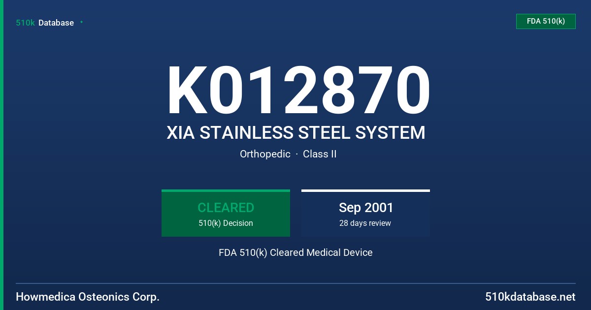 K012870 XIA STAINLESS STEEL SYSTEM FDA 510(k) Cleared Medical Device