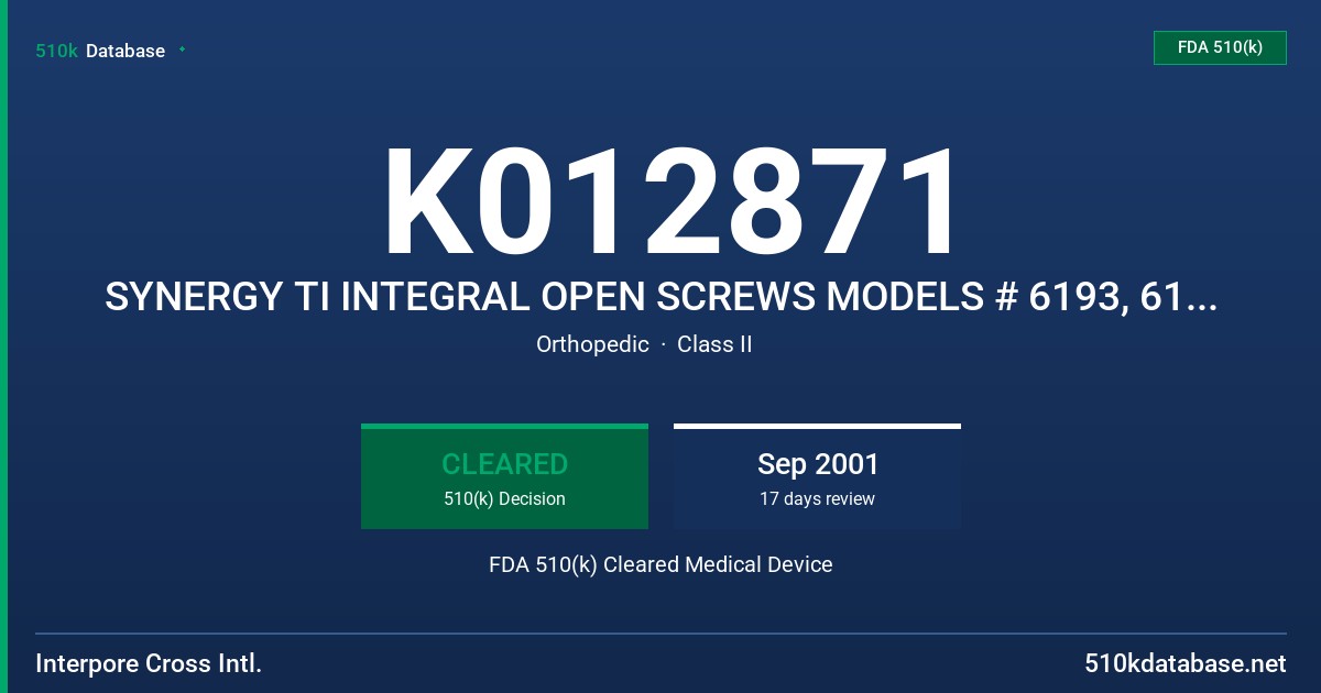 K012871 SYNERGY TI INTEGRAL OPEN SCREWS MODELS # 6193, 6194, 6195,6196, 6173, 6174, 6175, 6176, 6177 FDA 510(k) Cleared Medical Device