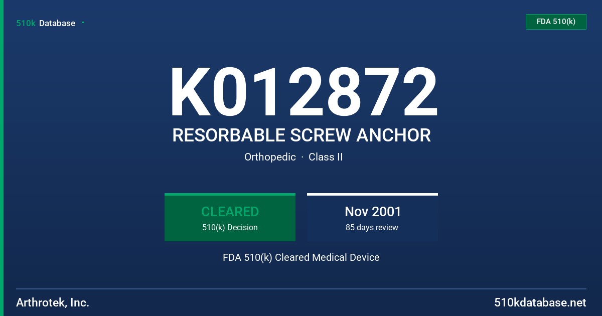 K012872 RESORBABLE SCREW ANCHOR FDA 510(k) Cleared Medical Device