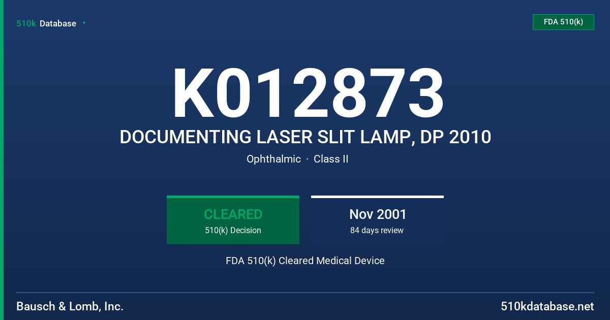 K012873 DOCUMENTING LASER SLIT LAMP, DP 2010 FDA 510(k) Cleared Medical Device