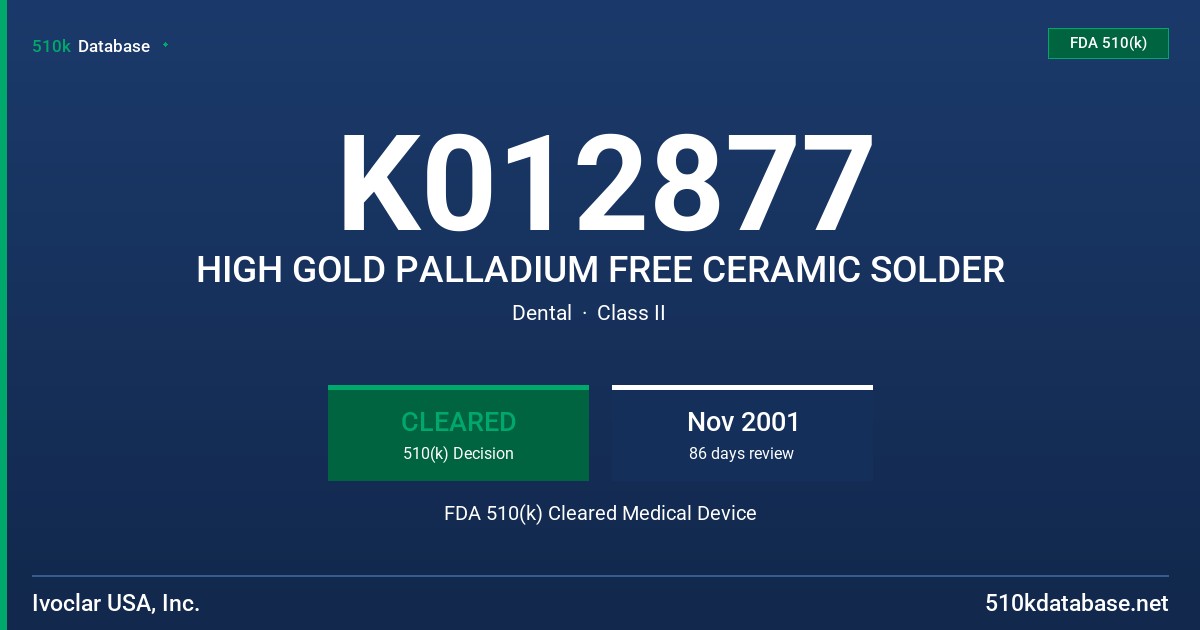 K012877 HIGH GOLD PALLADIUM FREE CERAMIC SOLDER FDA 510(k) Cleared Medical Device