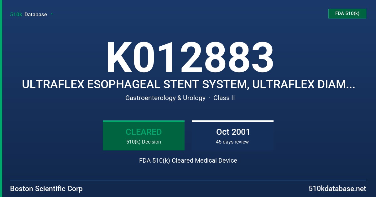K012883 ULTRAFLEX ESOPHAGEAL STENT SYSTEM, ULTRAFLEX DIAMONDBILIARY STENT SYSTEM, ULTRAFLEX TRACHEOBRONCHIAL STENT SYSTEM FDA 510(k) Cleared Medical Device