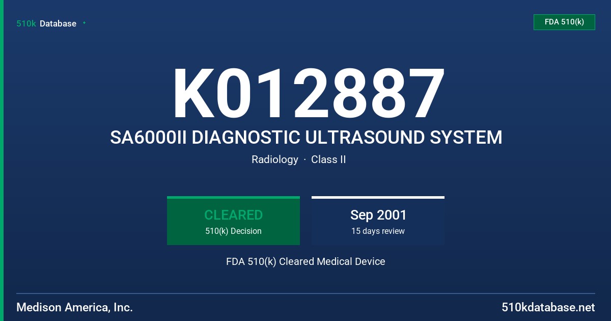 K012887 SA6000II DIAGNOSTIC ULTRASOUND SYSTEM FDA 510(k) Cleared Medical Device