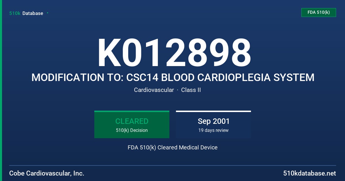 K012898 MODIFICATION TO: CSC14 BLOOD CARDIOPLEGIA SYSTEM FDA 510(k) Cleared Medical Device