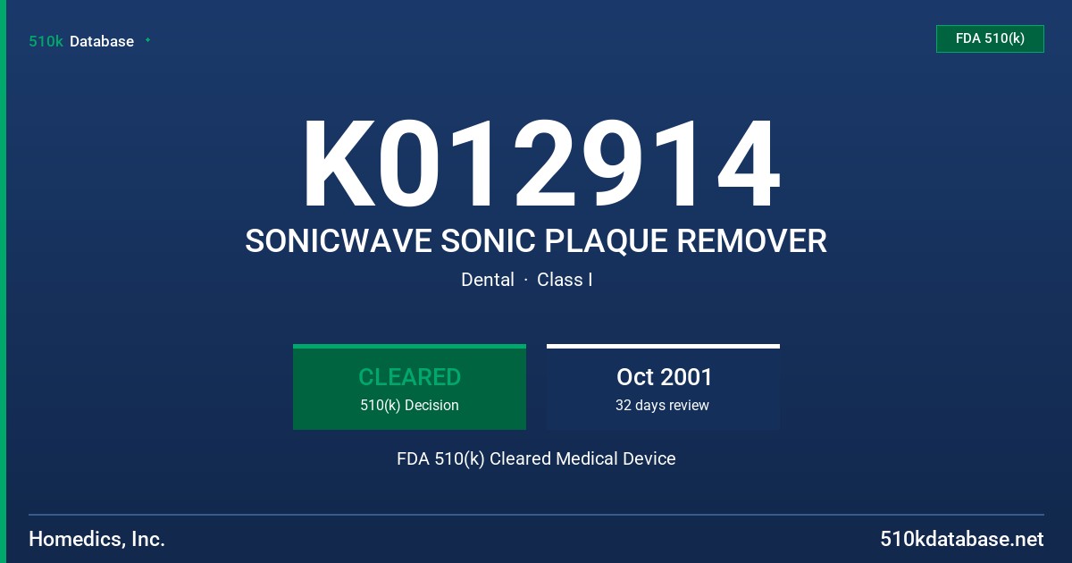 K012914 SONICWAVE SONIC PLAQUE REMOVER FDA 510(k) Cleared Medical Device
