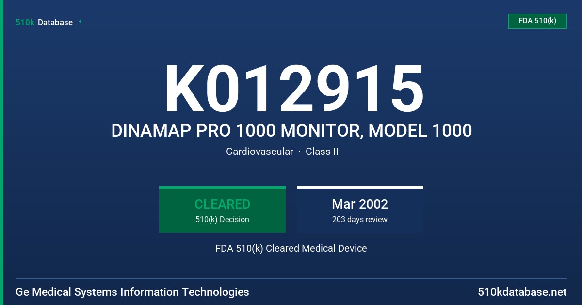 K012915 DINAMAP PRO 1000 MONITOR, MODEL 1000 FDA 510(k) Cleared Medical Device