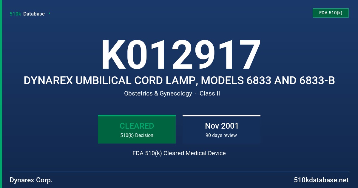 K012917 DYNAREX UMBILICAL CORD LAMP, MODELS 6833 AND 6833-B FDA 510(k) Cleared Medical Device