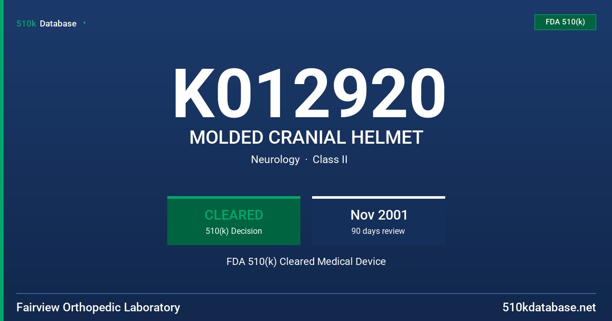 K012920 MOLDED CRANIAL HELMET FDA 510(k) Cleared Medical Device