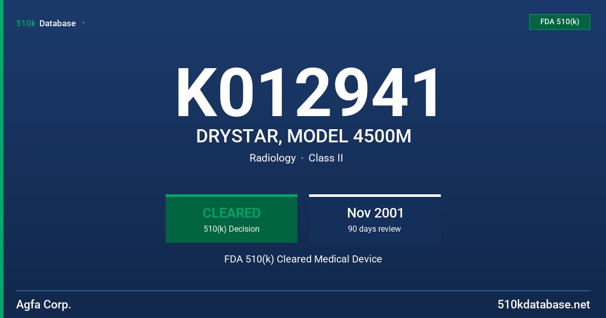 K012941 DRYSTAR, MODEL 4500M FDA 510(k) Cleared Medical Device