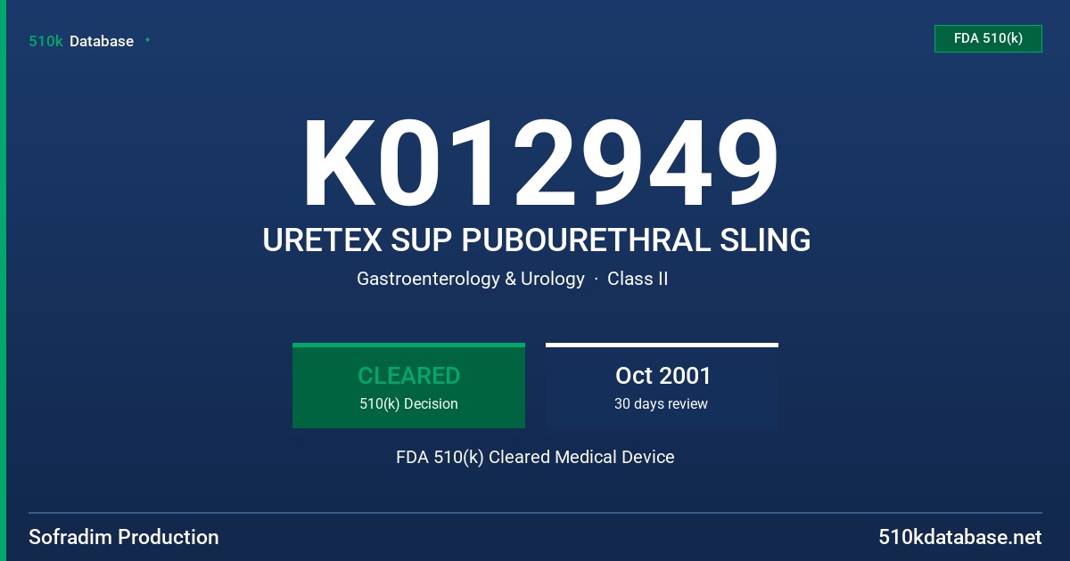 K012949 URETEX SUP PUBOURETHRAL SLING FDA 510(k) Cleared Medical Device