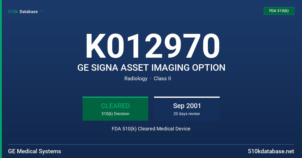 K012970 GE SIGNA ASSET IMAGING OPTION FDA 510(k) Cleared Medical Device