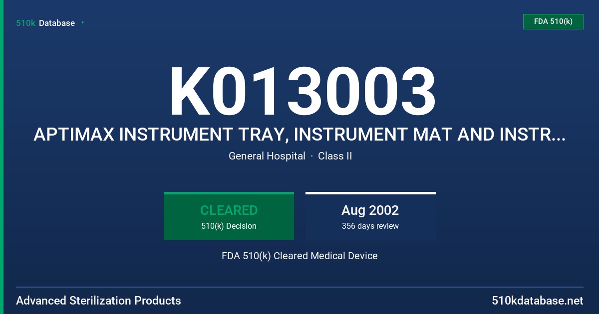 K013003 APTIMAX INSTRUMENT TRAY, INSTRUMENT MAT AND INSTRUMENT HOLDER FDA 510(k) Cleared Medical Device