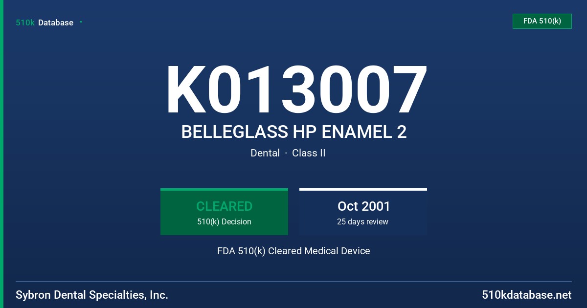 K013007 BELLEGLASS HP ENAMEL 2 FDA 510(k) Cleared Medical Device