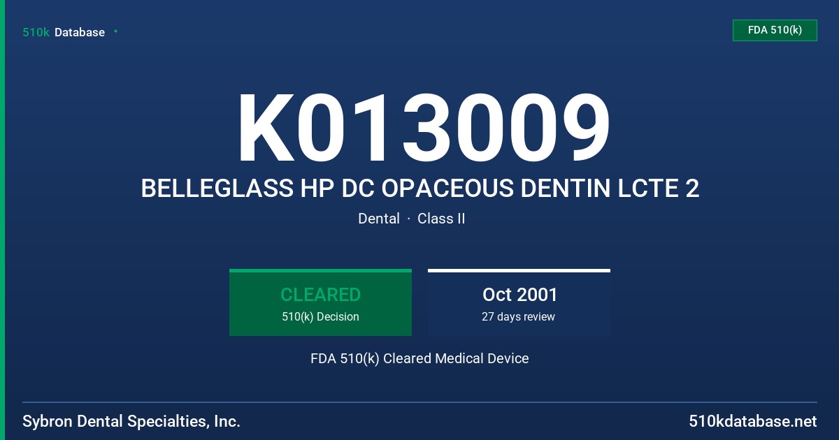 K013009 BELLEGLASS HP DC OPACEOUS DENTIN LCTE 2 FDA 510(k) Cleared Medical Device